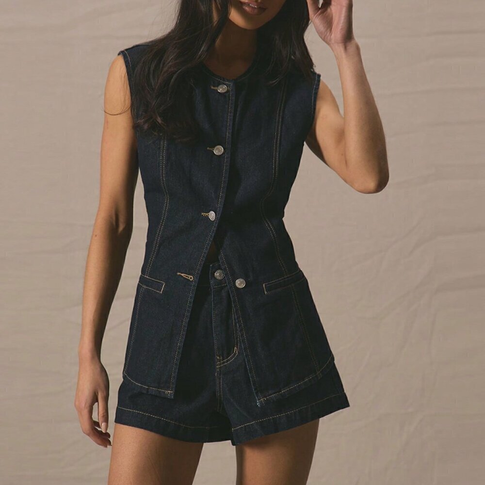 Blue Casual Women's Crew Neck Button Down Longline Fitted Sleeveless Denim Top